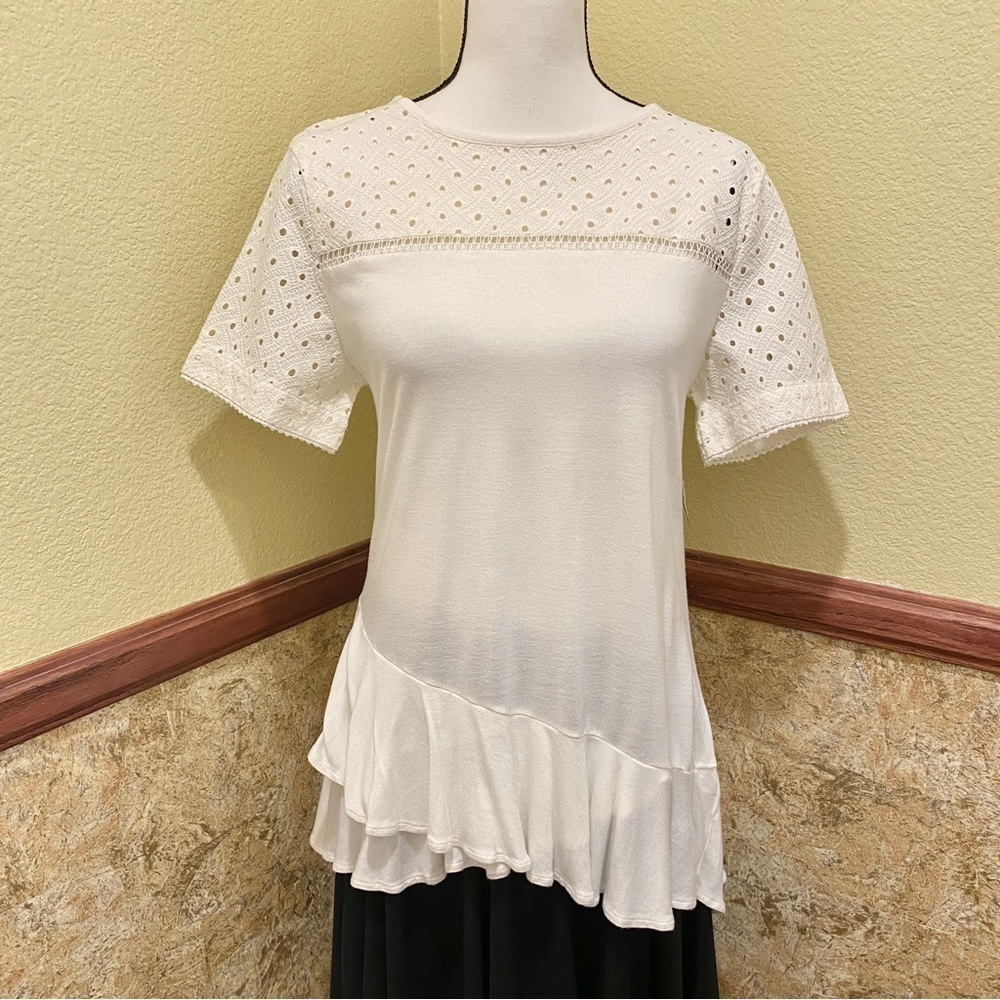 Halogen NWT Petite Medium Nordstrom Ruffle Top Crochet Ivory White Short Sleeve